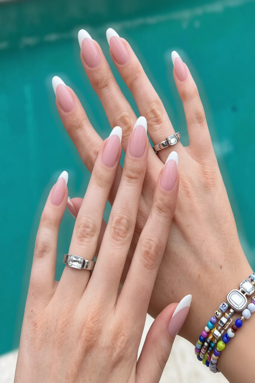 Manos con uñas largas en forma de almendra estilo francés con base rosa y puntas blancas