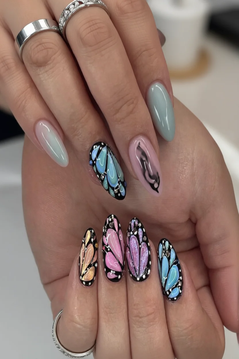 Uñas almendradas con diseños de mariposas en tonos azules, rosas y morados con detalles de pedrería