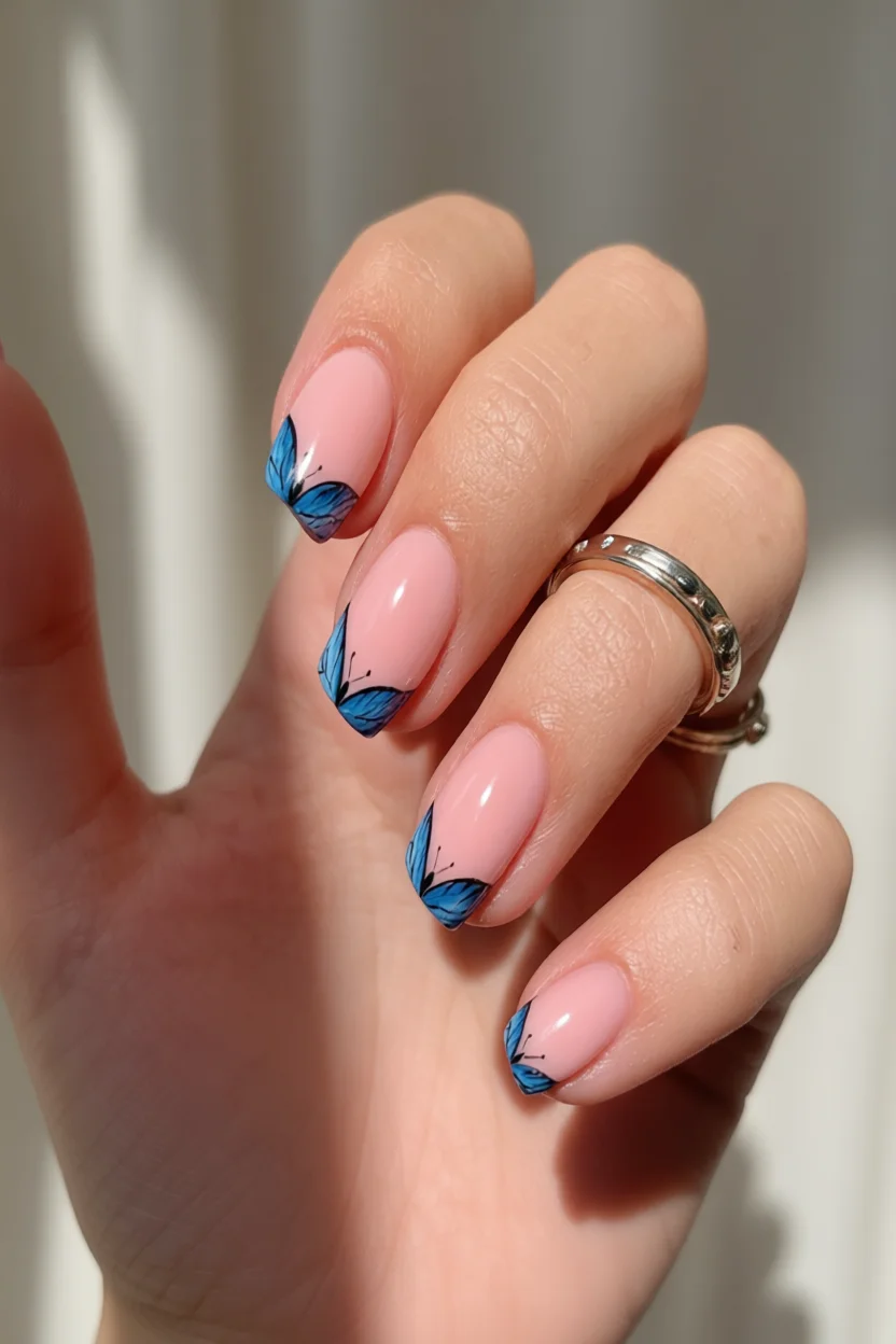 Mano con uñas ovaladas en rosa pastel y mariposas azules pintadas en las puntas