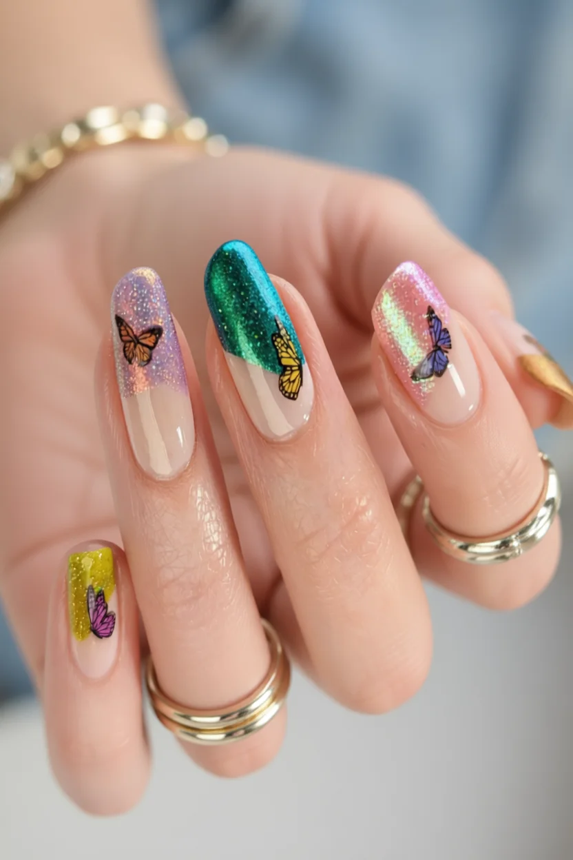 Mano con uñas ovaladas decoradas con mariposas y fondo degradado en tonos verde, rosa, morado y amarillo