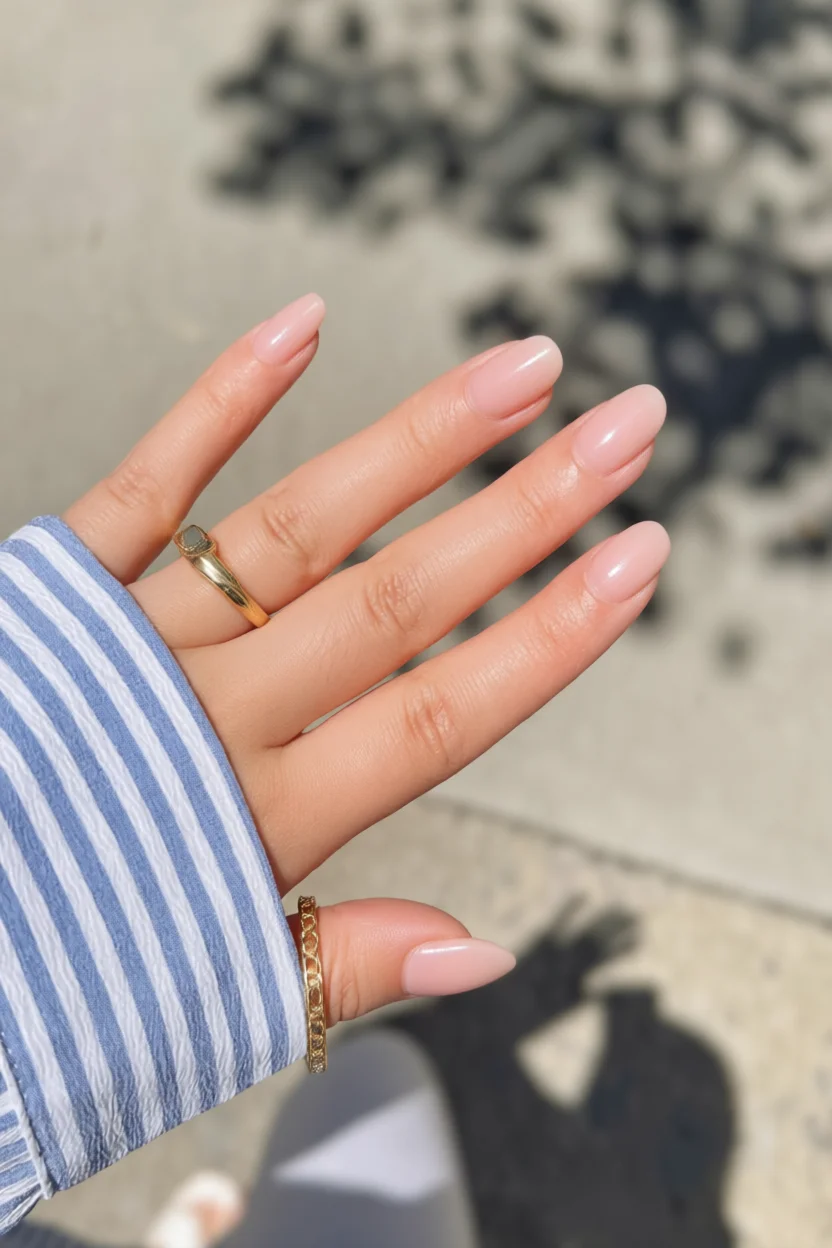 Uñas ovaladas esmaltadas en tono nude rosado brillante
