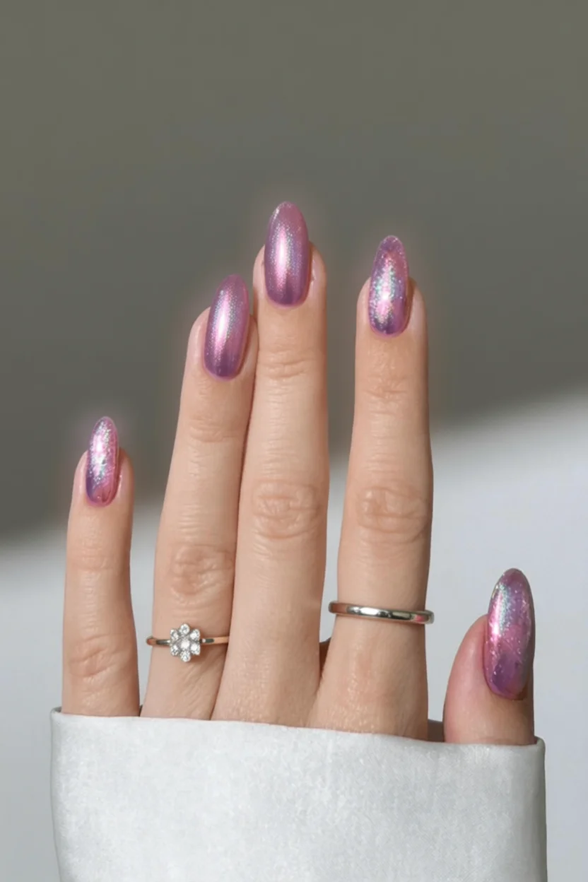 Uñas largas forma almendra con efecto holográfico iridiscente en tonos rosa y violeta