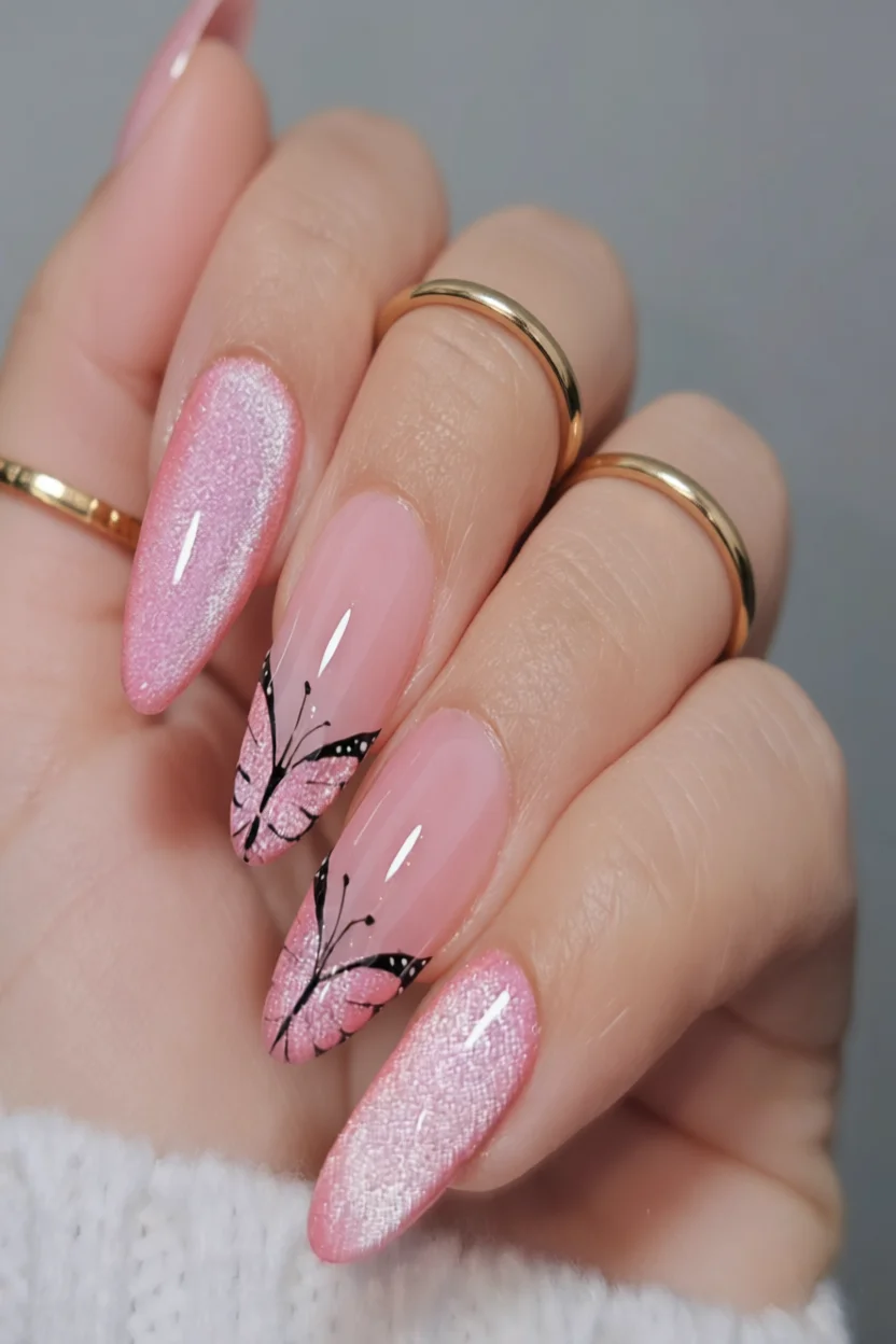 Mano con uñas alargadas con esmalte rosa suave, detalles brillantes y pintura realista de alas de mariposa
