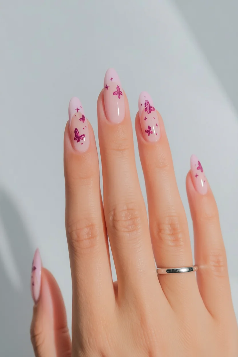 Mano con uñas largas forma almendral y diseño de mariposas magenta con brillos