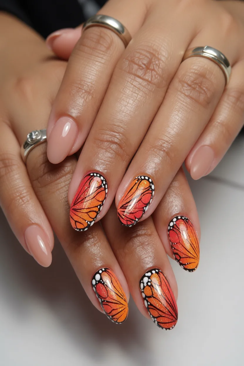 Mano con uñas ovaladas decoradas con alas de mariposa monarca en tonos naranjas y negros