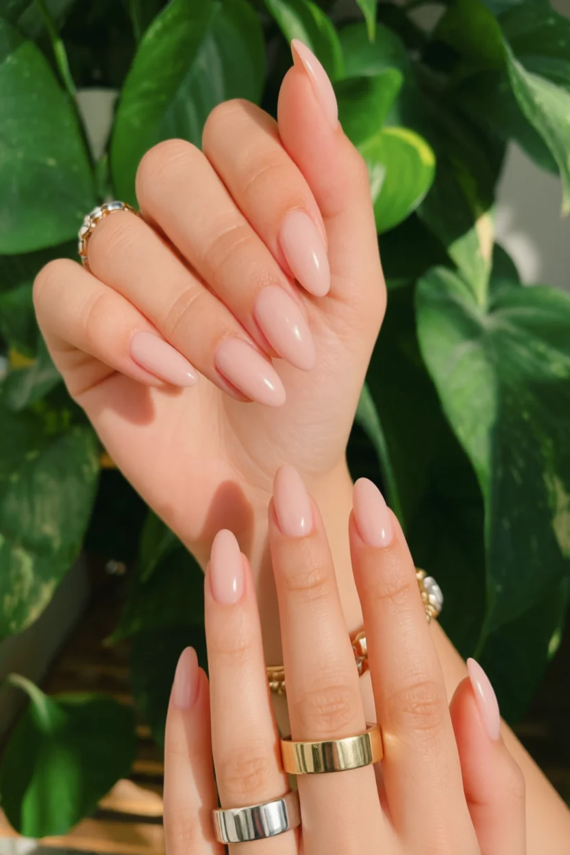 Manos con uñas almendradas en nude rosa brillante y anillos dorados sobre fondo de hojas verdes