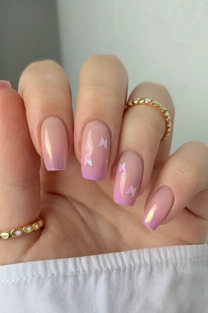 Uñas ovaladas con degradado rosa y pequeñas mariposas decorativas