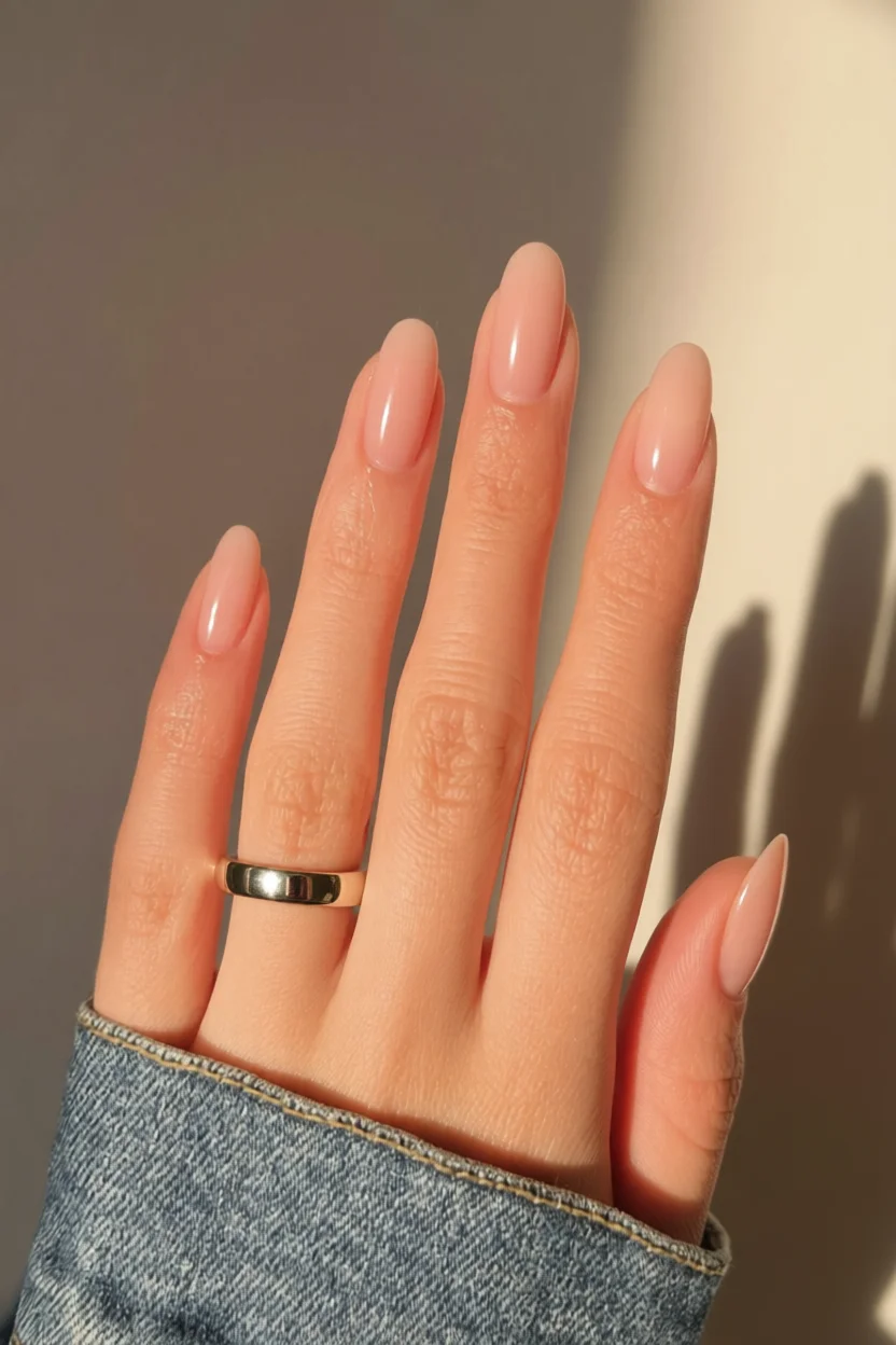 Mano con uñas almendradas en tono nude rosado con efecto jelly brillante