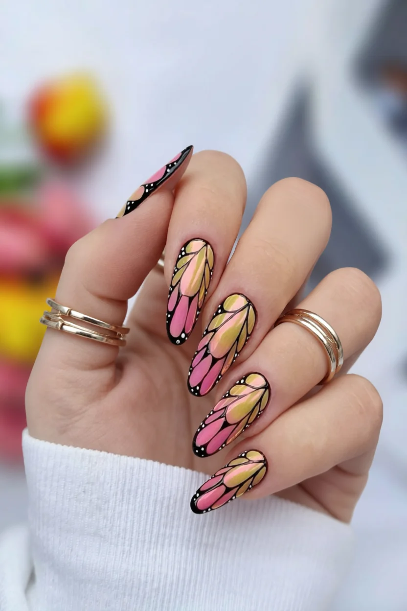 Uñas largas en forma de almendra con diseño de alas de mariposa en tonos rosa y amarillo