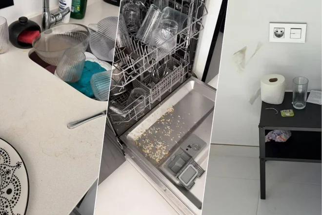 Interior de una casa de vacaciones con mobiliario y objetos dañados
