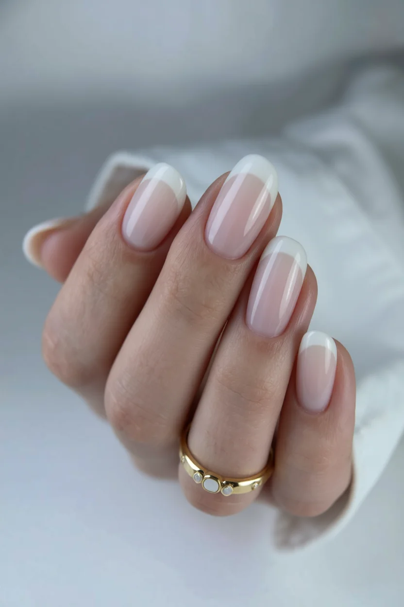 Mano con manicura francesa en uñas ovaladas y anillo dorado