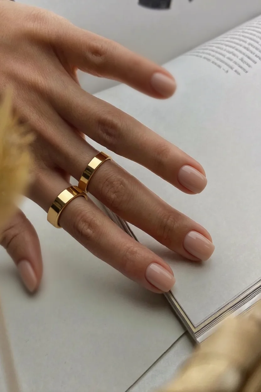 Mano con uñas cortas ovaladas en nude natural y dos anillos dorados sobre un libro abierto
