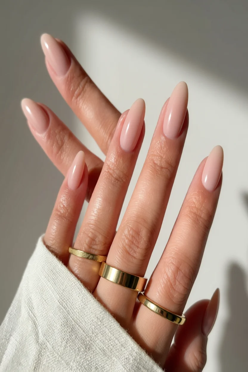 Mano con uñas largas forma almendrada en color nude rosa con acabado brillante