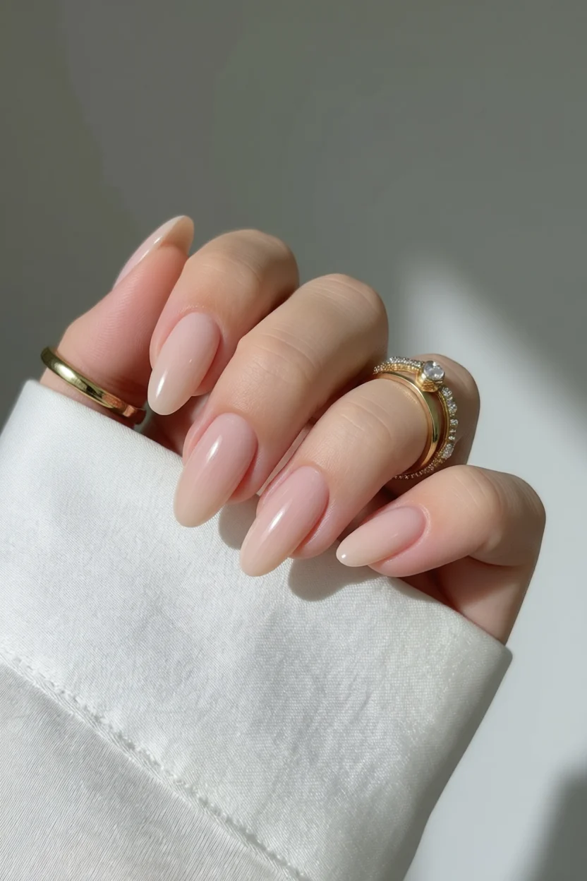 Mano con uñas ovales nude brillantes y anillo de novia dorado