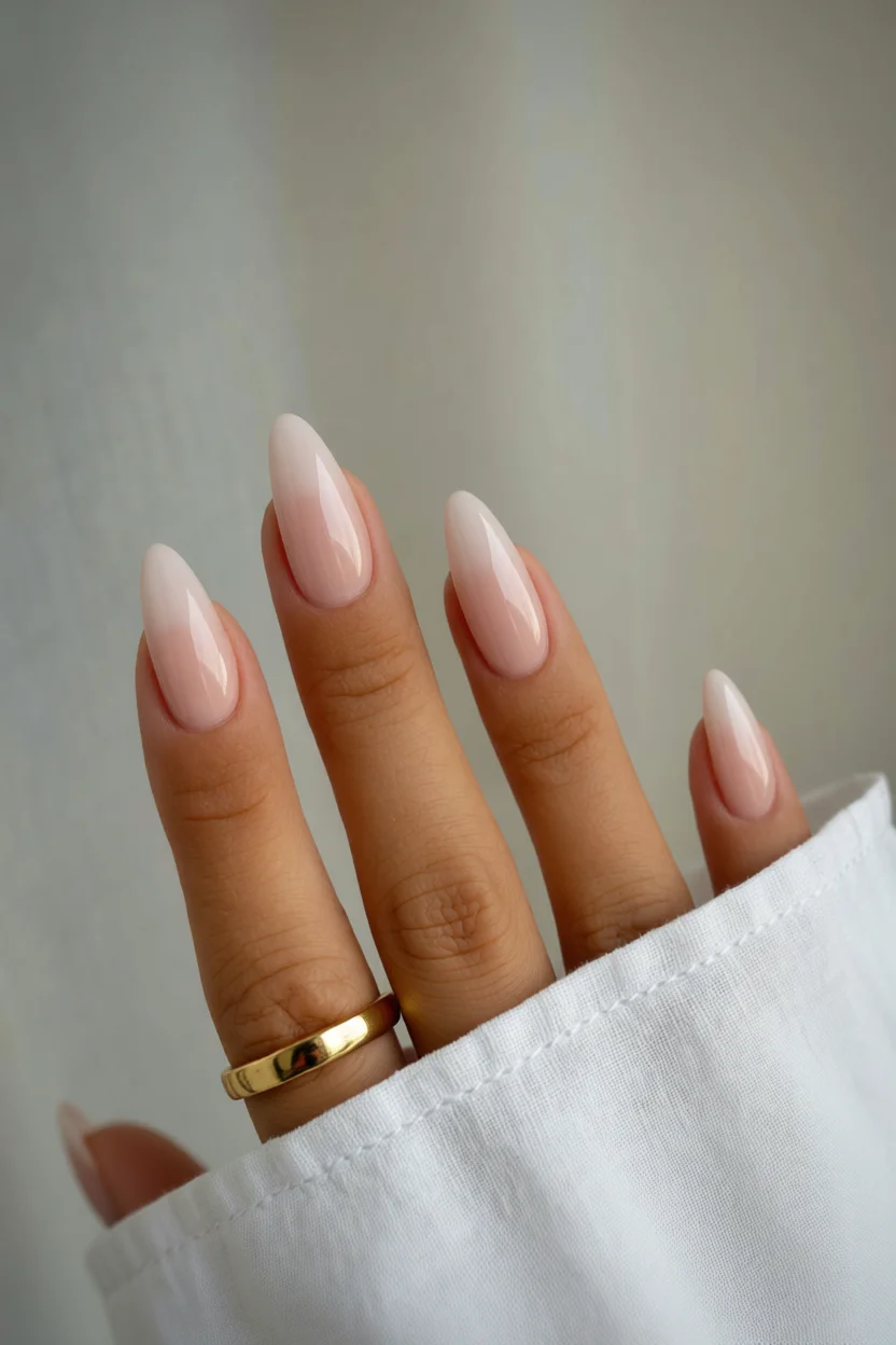 Mano con uñas largas almendra en degradado nude rosado y anillo dorado