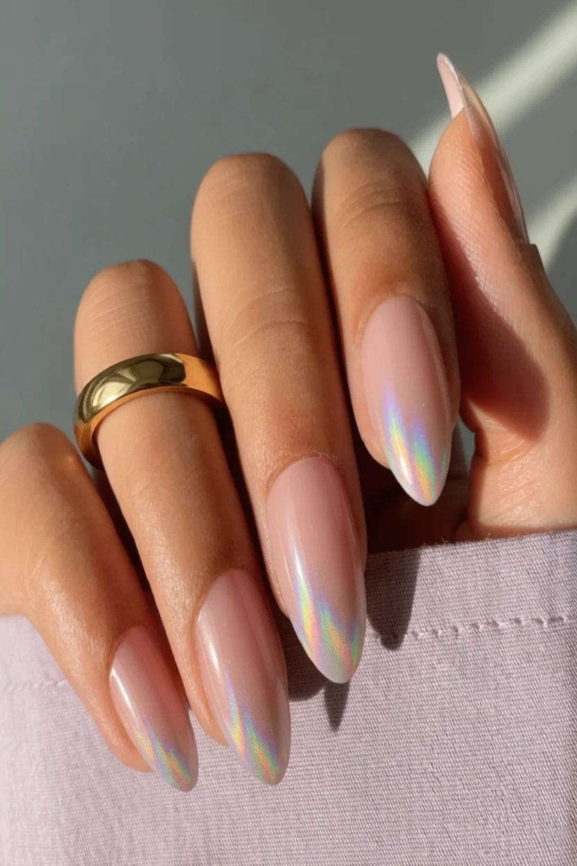 Uñas largas almendradas color nude con tiras iridiscentes arcoíris y anillo dorado