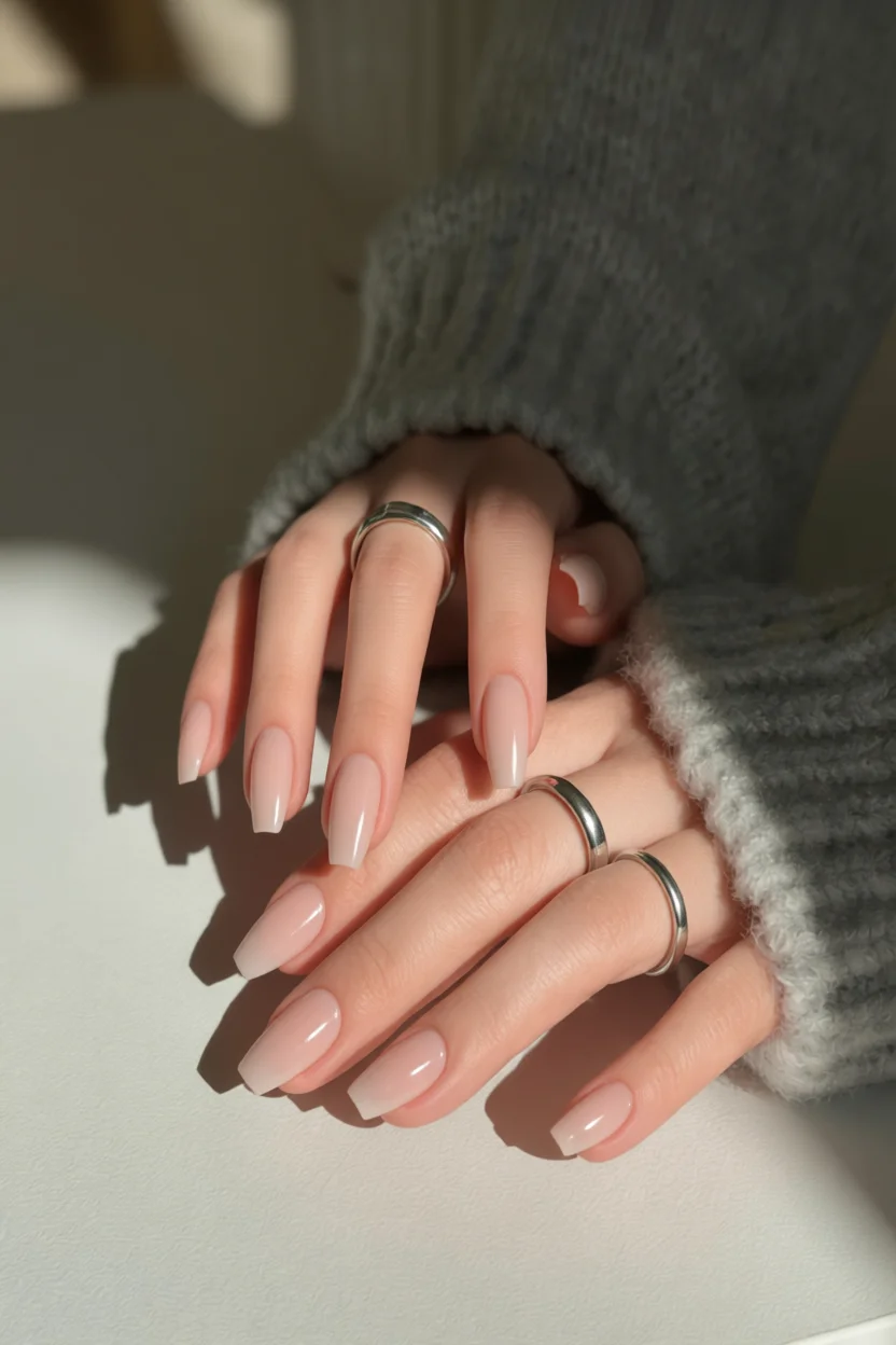 Manos con uñas largas ovaladas en color nude rosado y anillos plateados