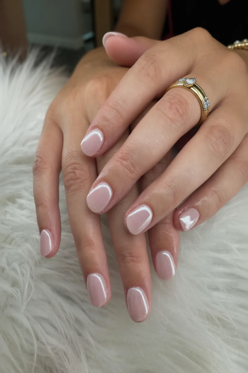 Manos con manicure francés clásico en uñas cortas ovaladas color rosa lechoso con puntas blancas brillantes