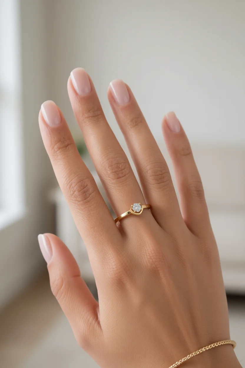 Mano con uñas nude brillante y anillo de compromiso