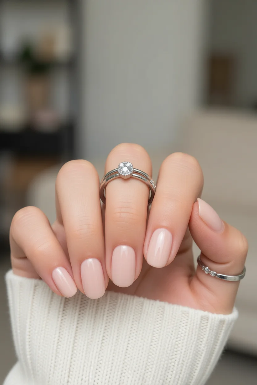 Mano de novia con uñas cortas en rosa nude y anillo de compromiso