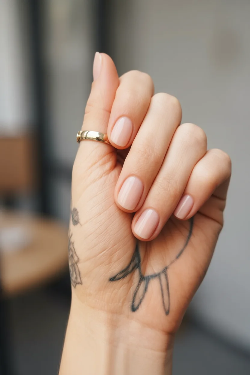 Mano con uñas cortas en tono nude rosado y anillo de boda dorado