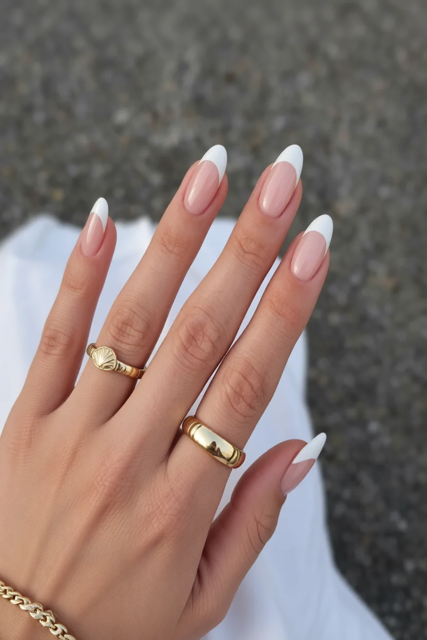 Uñas ovaladas largas con diseño francés curvo, base nude rosa y puntas blancas, manilla elegante con anillos dorados