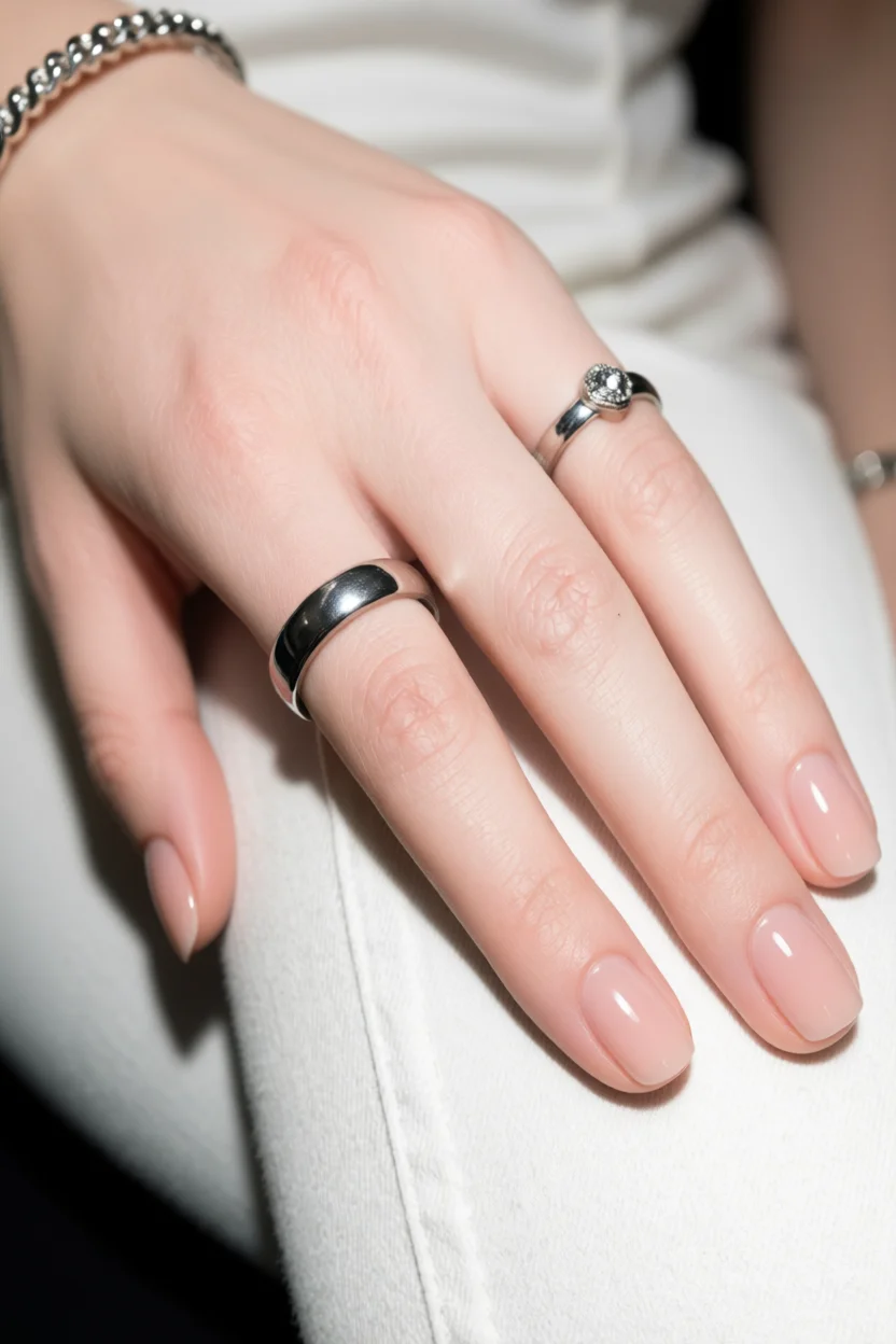 Mano de novia con manicura nude natural y anillo de compromiso