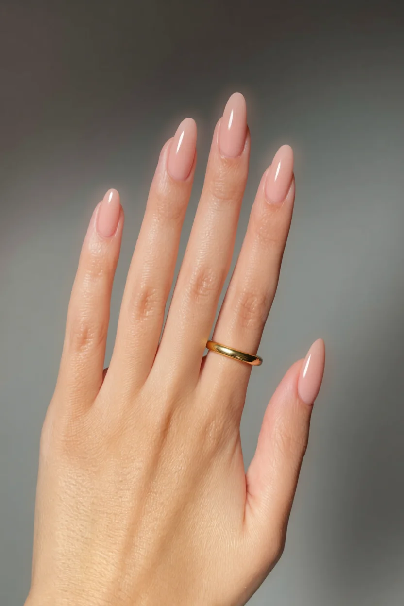 Mano con uñas largas forma almendra en color nude rosado brillante y anillo dorado