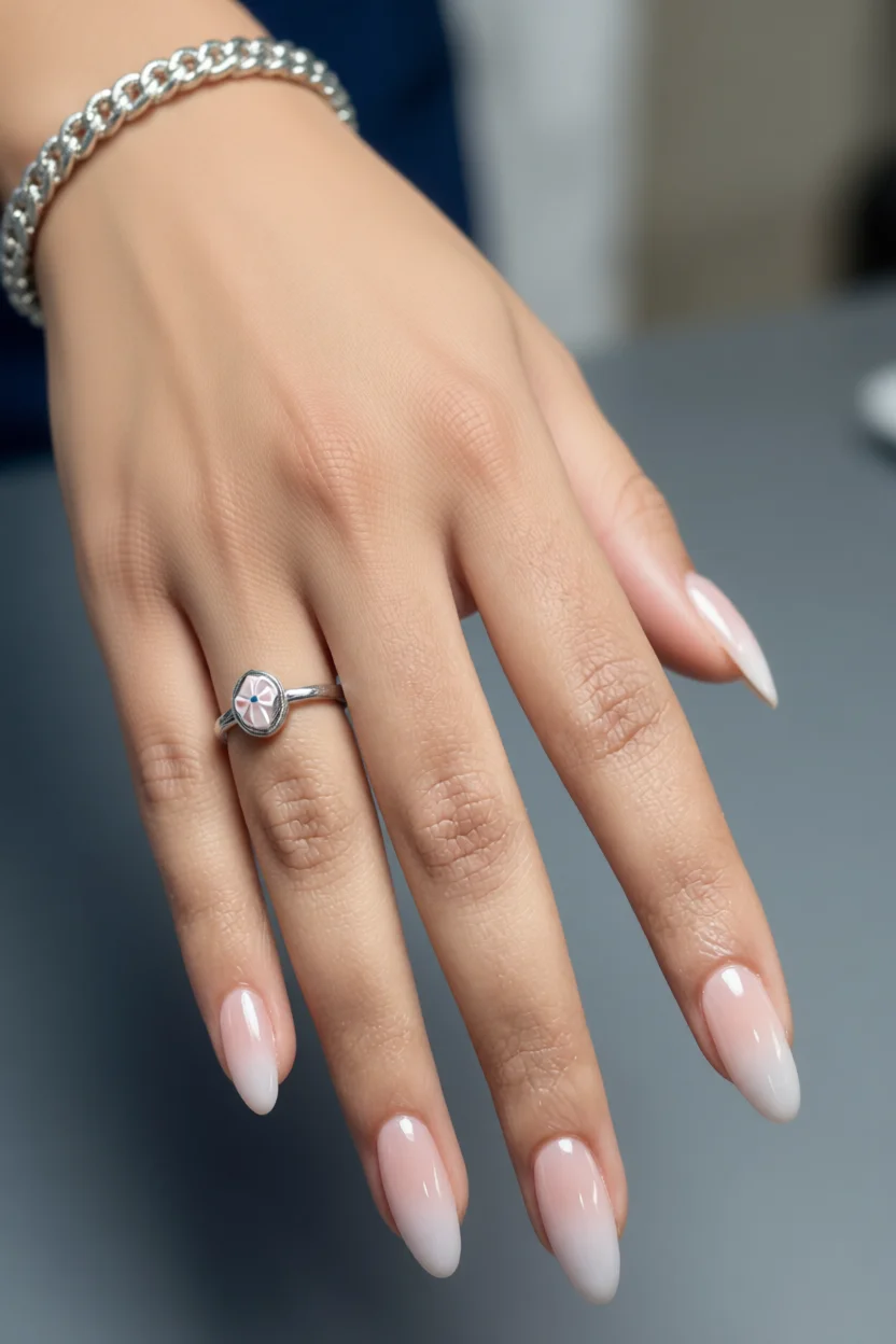 Mano con uñas ovaladas largas en degradado rosa pálido a blanco y anillo