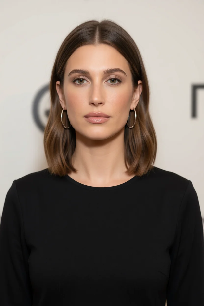 Mujer con corte bob liso castaño hasta los hombros, raya al medio y ondas naturales, estilo elegante