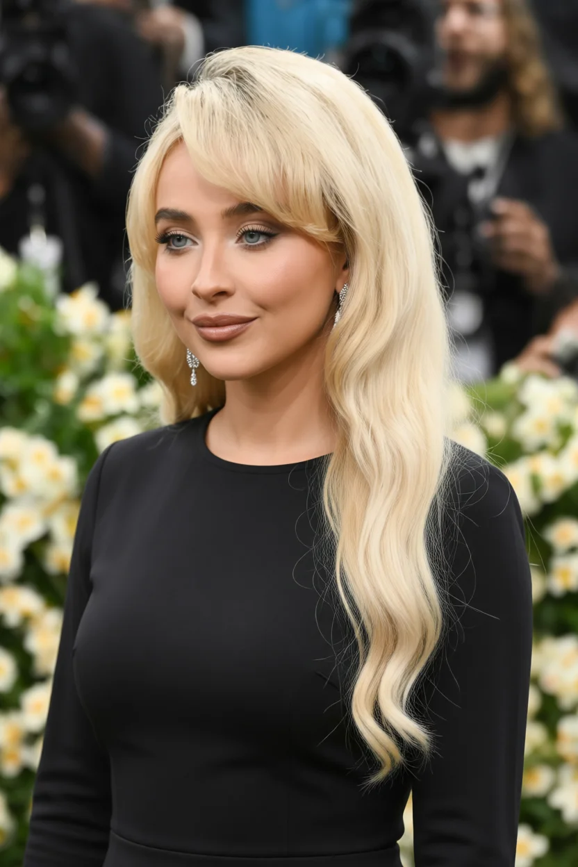 Mujer con cabello rubio platino largo y ondulado con flequillo suave y raya al lado
