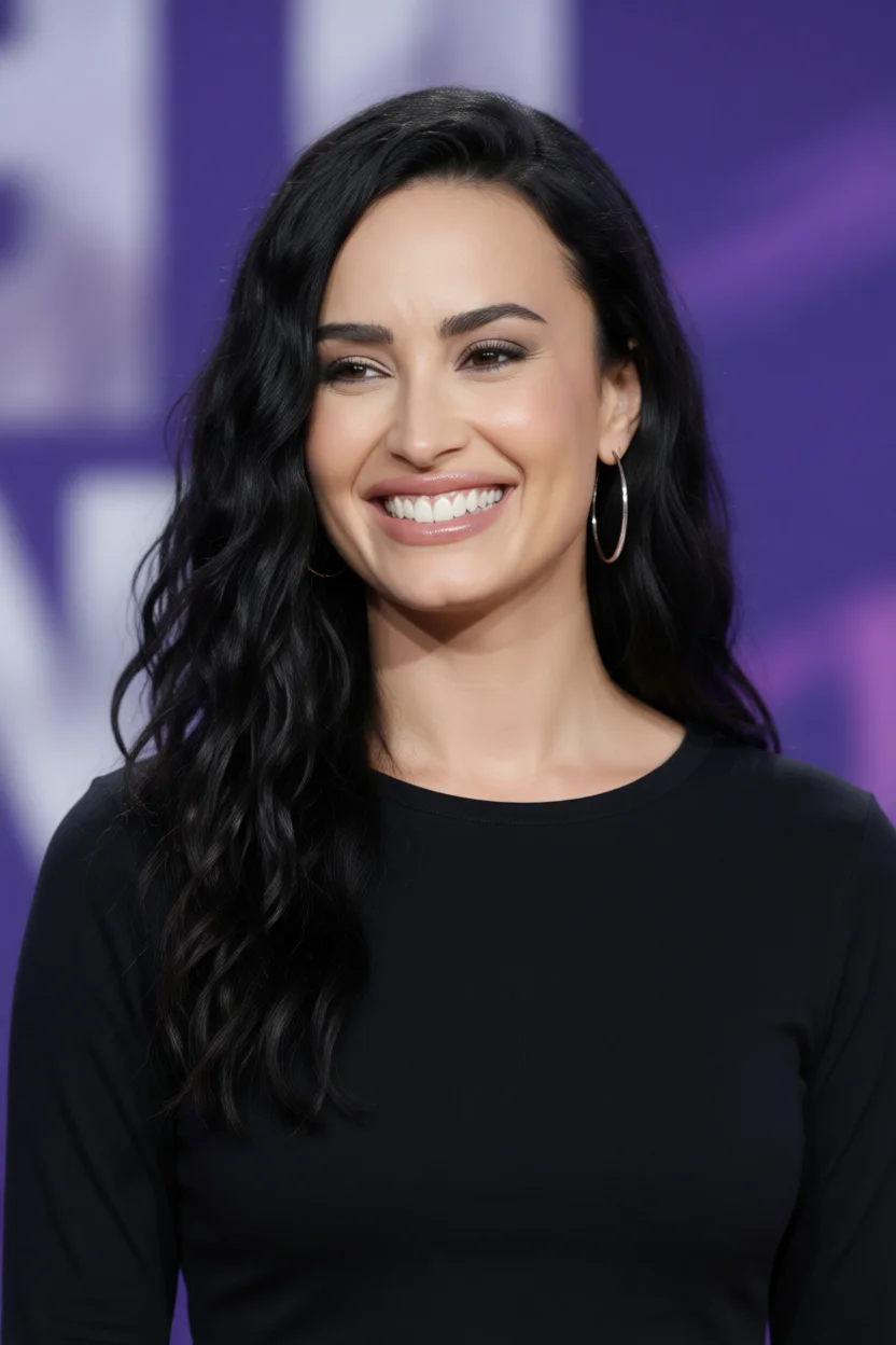 Demi Lovato con ondas naturales en cabello largo oscuro