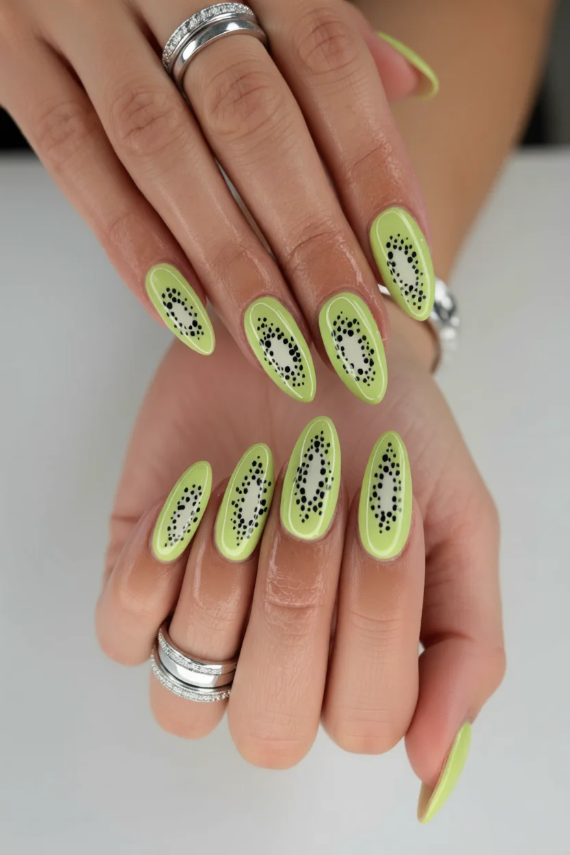 Uñas alargadas en verde lima con diseño de semillas de kiwi