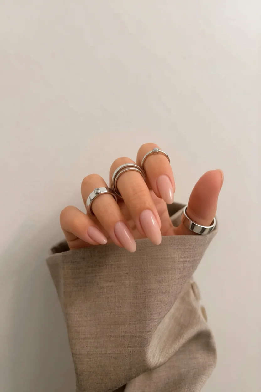 Mano con uñas almond largas en color nude brillante y anillos de plata