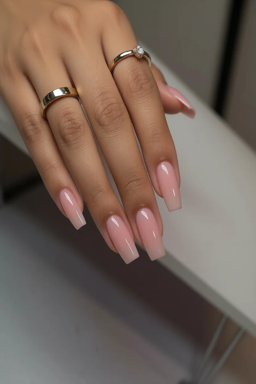 Uñas largas de gel degradadas en tono rosado nude