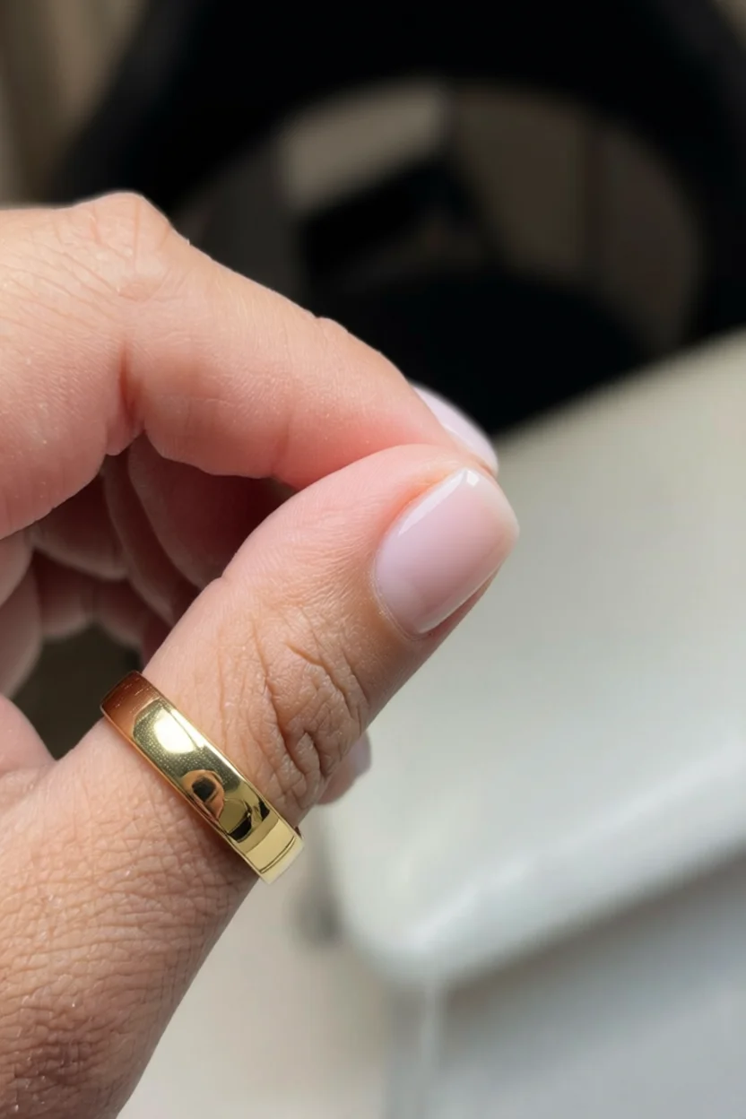 Mano con uña de gel nude rosado brillante y anillo dorado en el dedo