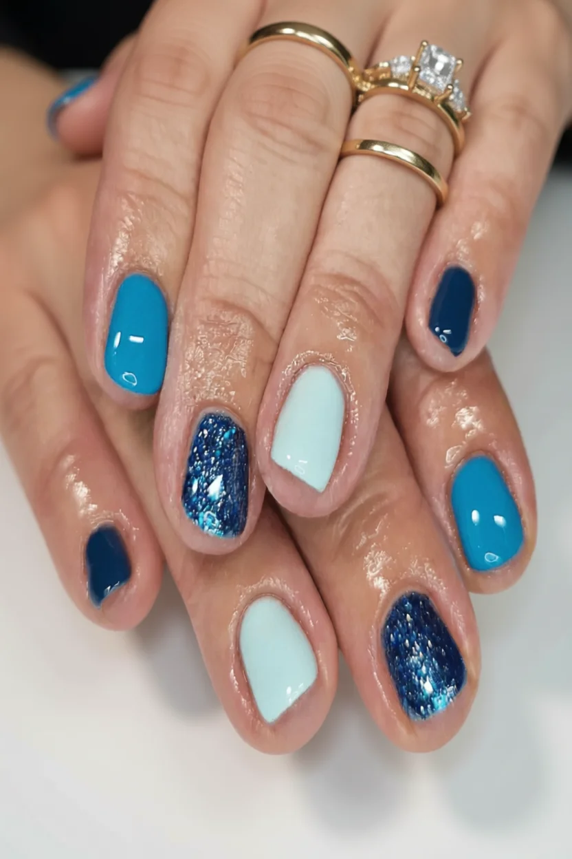 Manos con uñas ovaladas en tres tonos de azul y detalles de glitter