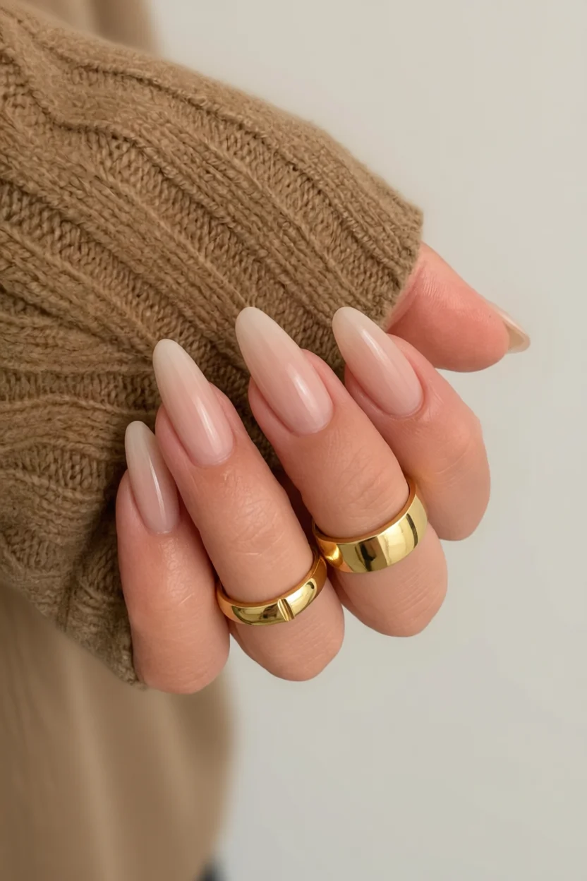 Uñas largas almendradas con diseño french nude y brillo natural