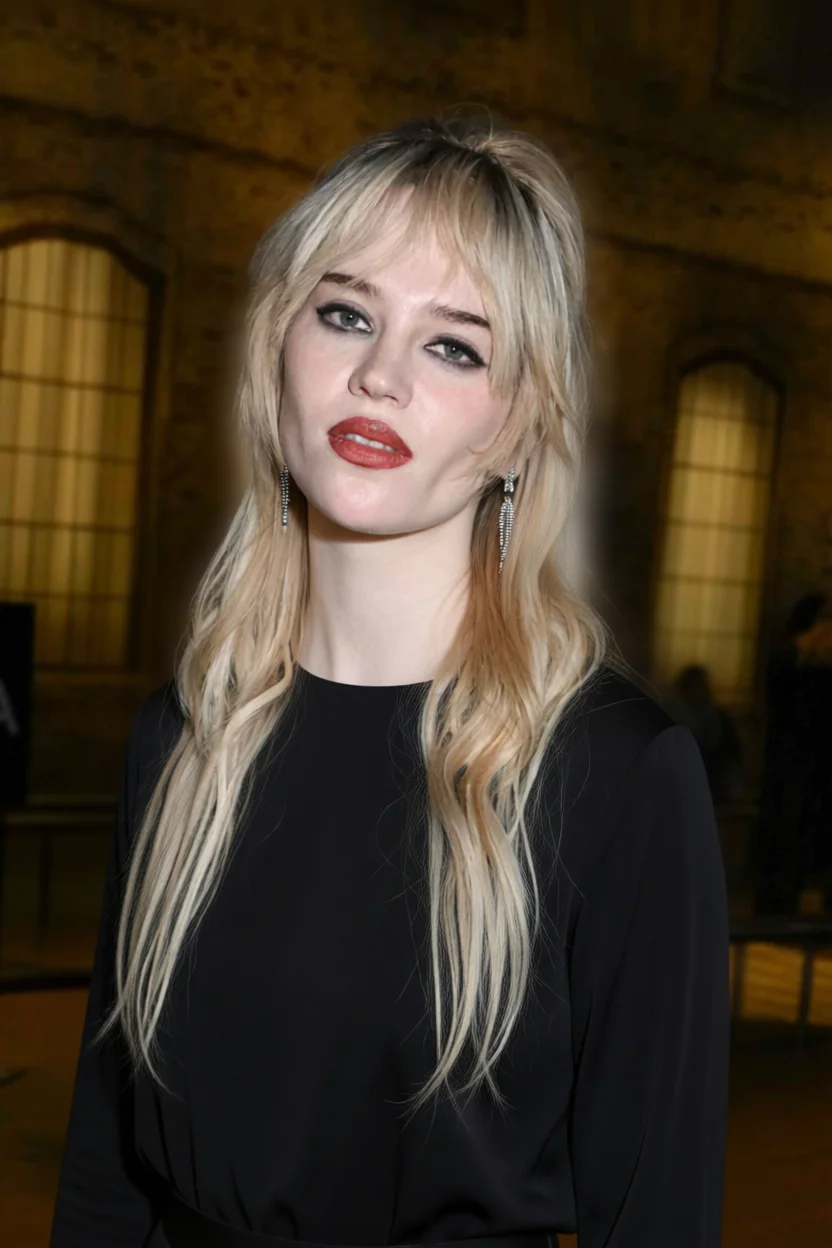 Cabello largo rubio con flequillo recto y ondas sueltas