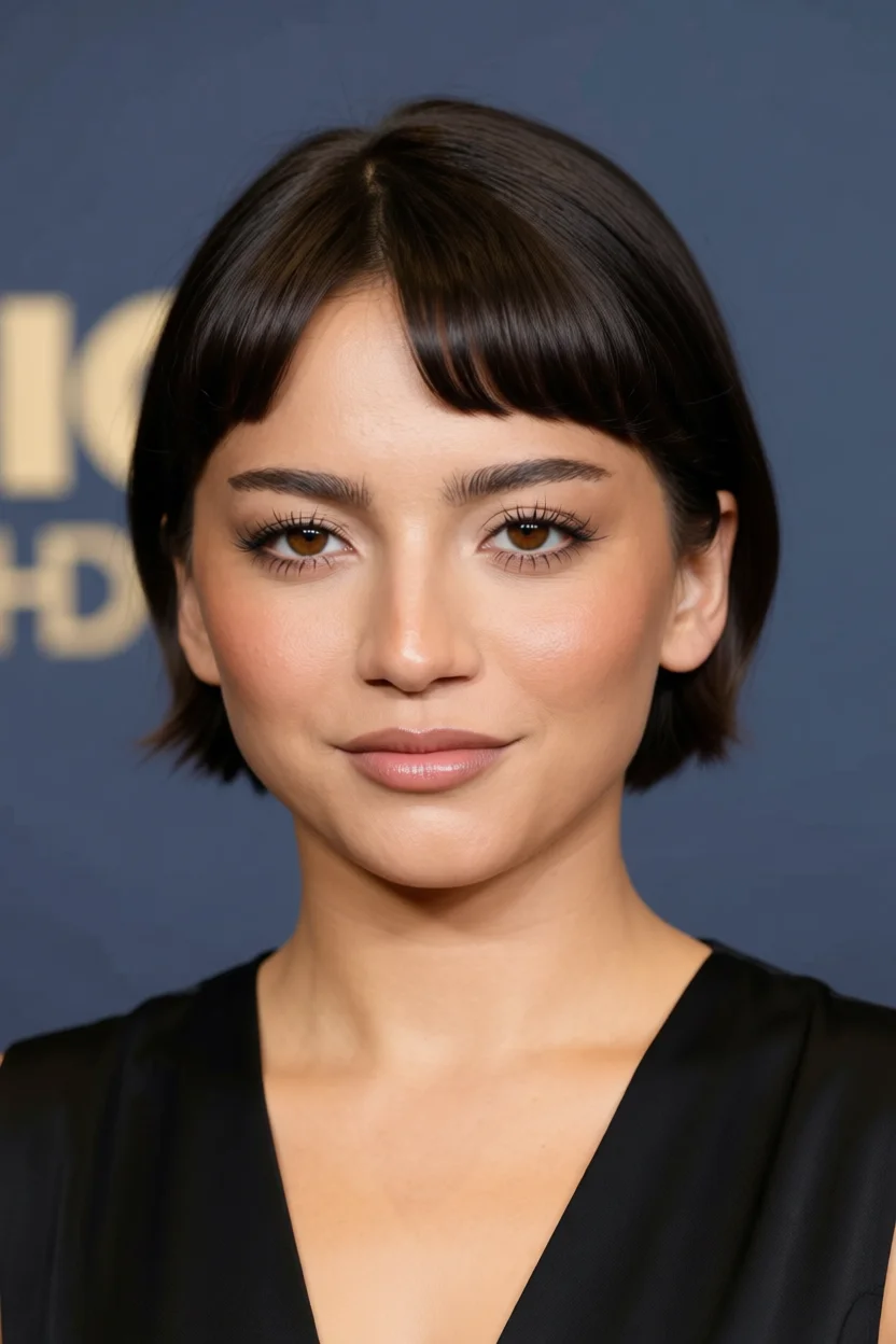 Mujer con corte bob corto con flequillo recto y cabello lacio