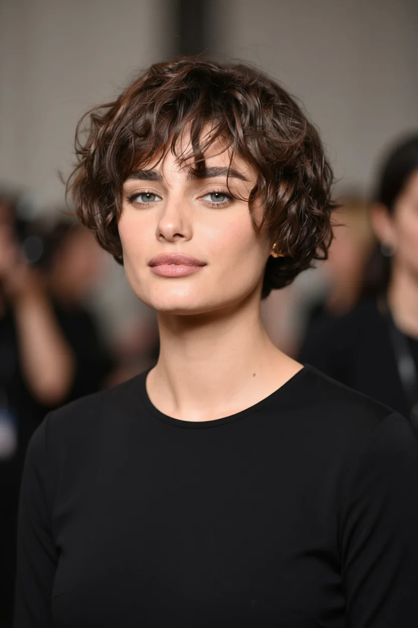 Mujer con corte pixie corto rizado castaño con flequillo desfilado y maquillaje natural