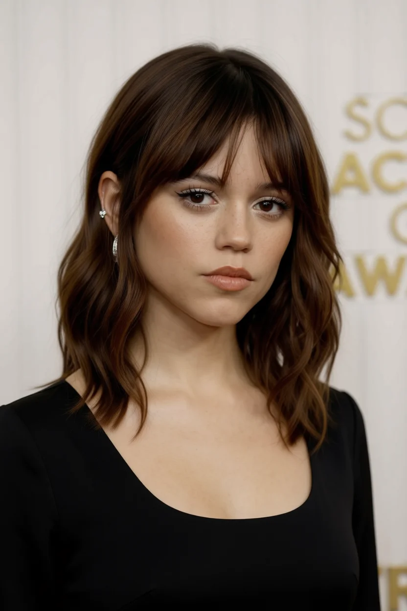 Corte de cabello medio ondulado con flequillo recto en tonos castaños