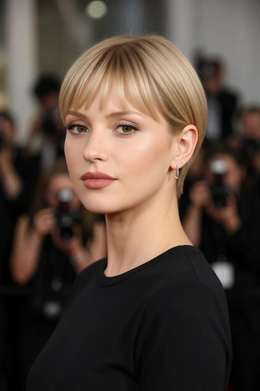Mujer con corte pixie corto rubio con flequillo recto desmechado