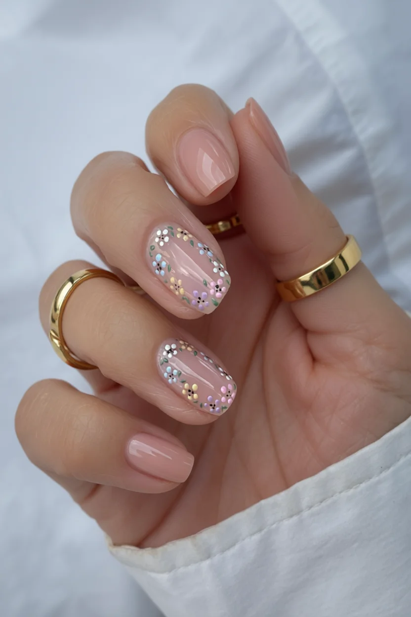 Uñas redondeadas con base nude y delicadas flores miniatura multicolor en dos dedos