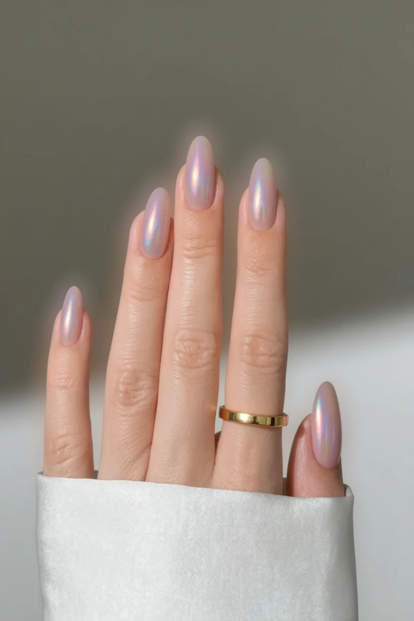 Mano con uñas largas almendradas de acabado iridiscente rosado y brillo perla