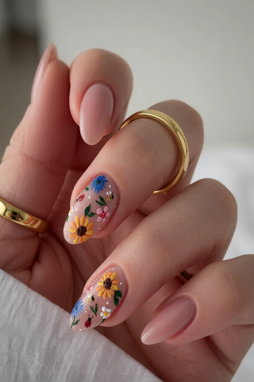 Uñas almendradas nude con diseño floral pintado a mano, margaritas amarillas, flores azules y rosas, mariquitas y abejitas