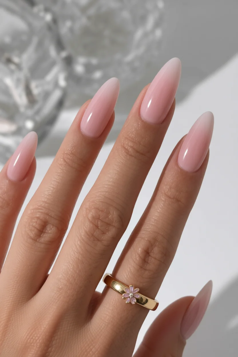 Uñas largas almendradas con efecto degradado rosa pastel y suave brillo