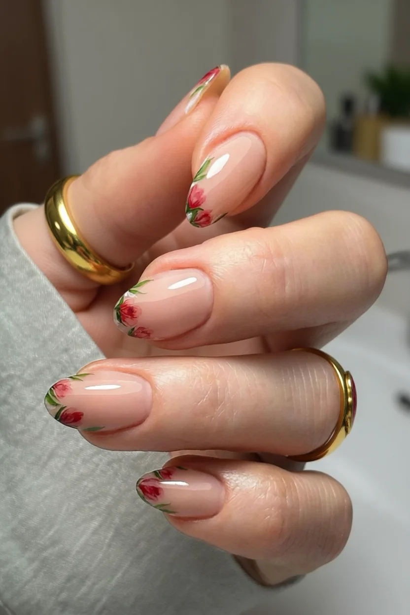 Uñas almendradas con diseño de flores rojas delicadas sobre base nude