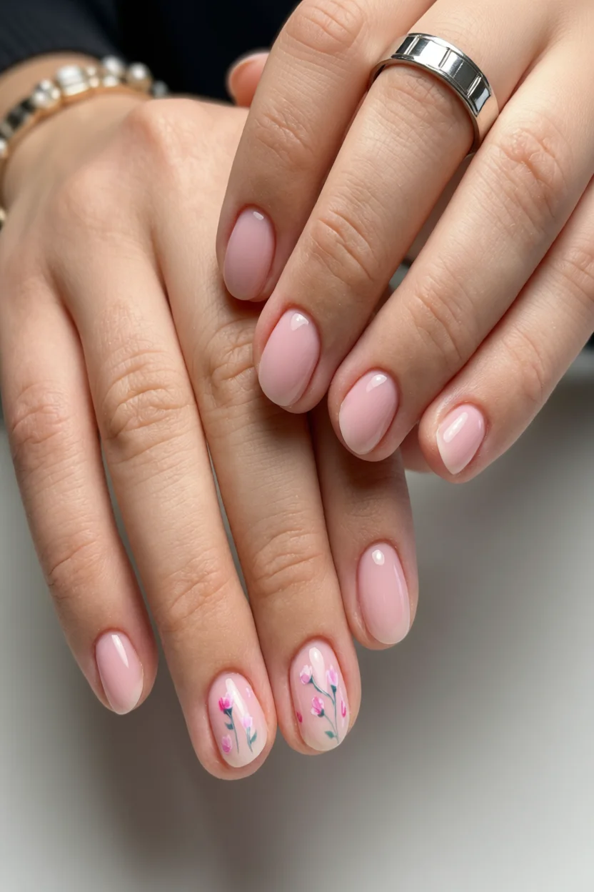 Manos con uñas pintadas de rosa pastel y flores delicadas en dos dedos