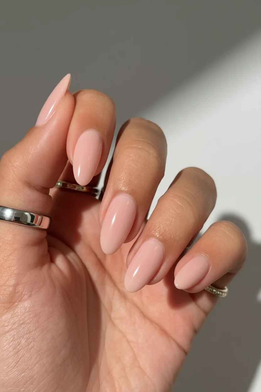 Mano con uñas largas en forma almendra pintadas de color nude rosa con brillo natural